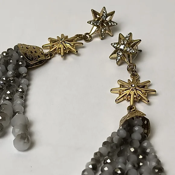 Gold Star Tassel Earrings with Gray Glass Beaded Strands - Picture 6 of 13